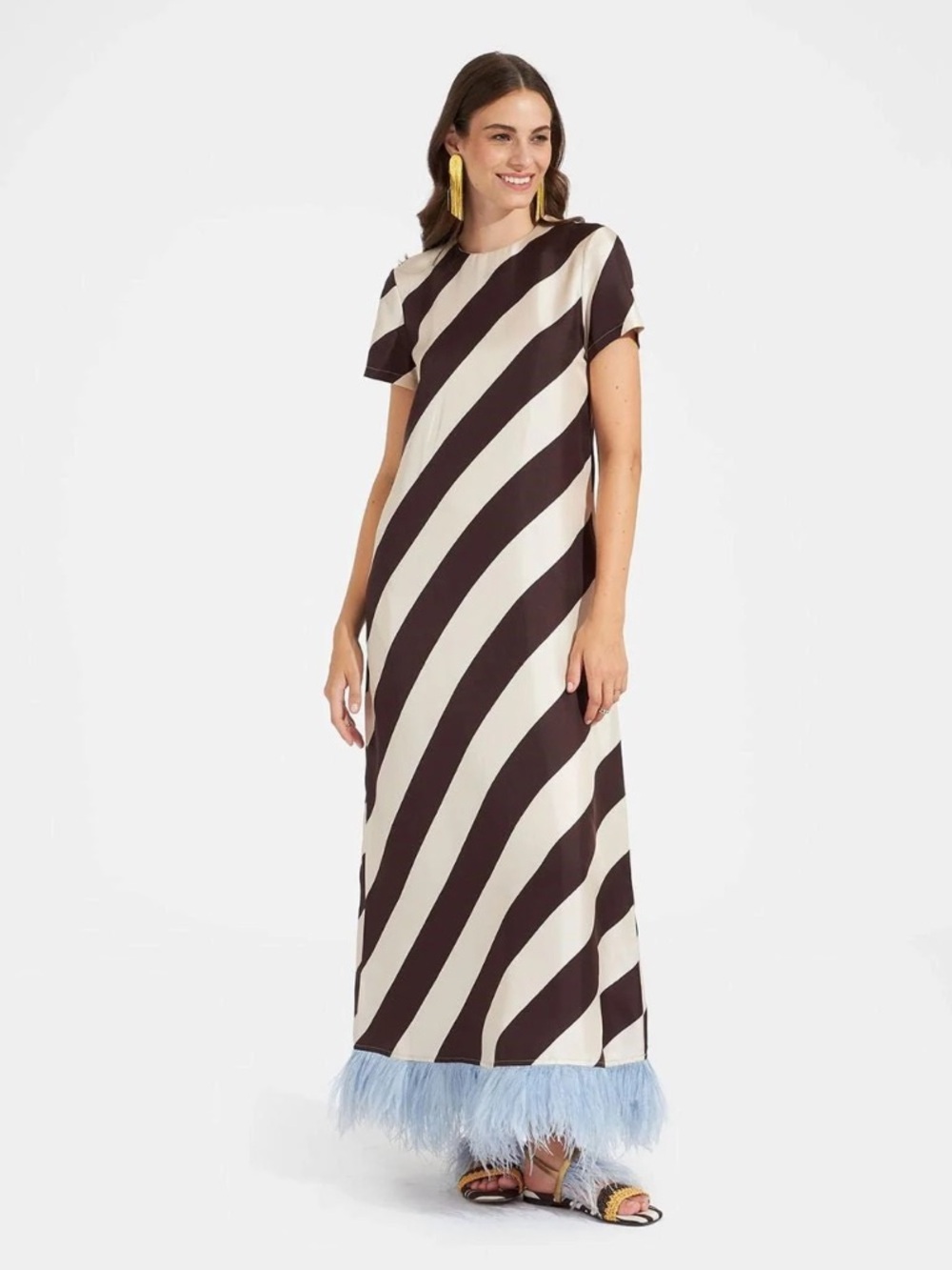 LA DoubleJ Black and Cream Diagonal Stripe Maxi Dress with Feather Hem